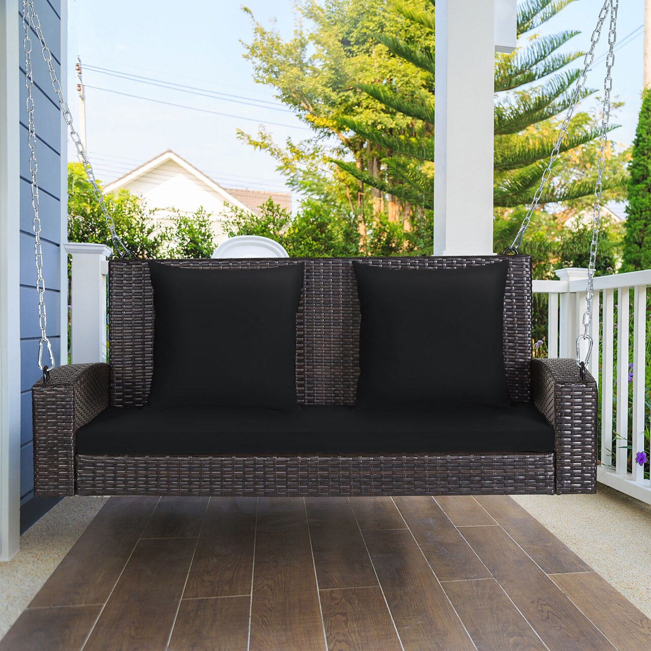 Costway 2-Person Patio Rattan Hanging Porch Swing Bench Chair Cushion Beige\Black\Red\Turquoise